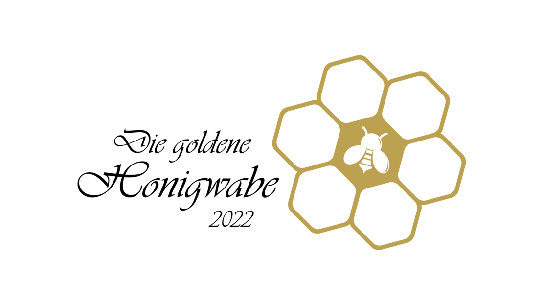 Goldene Waben mit Honigbiene und schwarzem Text "Die goldene Honigwabe 2022"