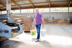 Schafbauer Florian Sterkl im Stall beim Füttern seiner Schafe