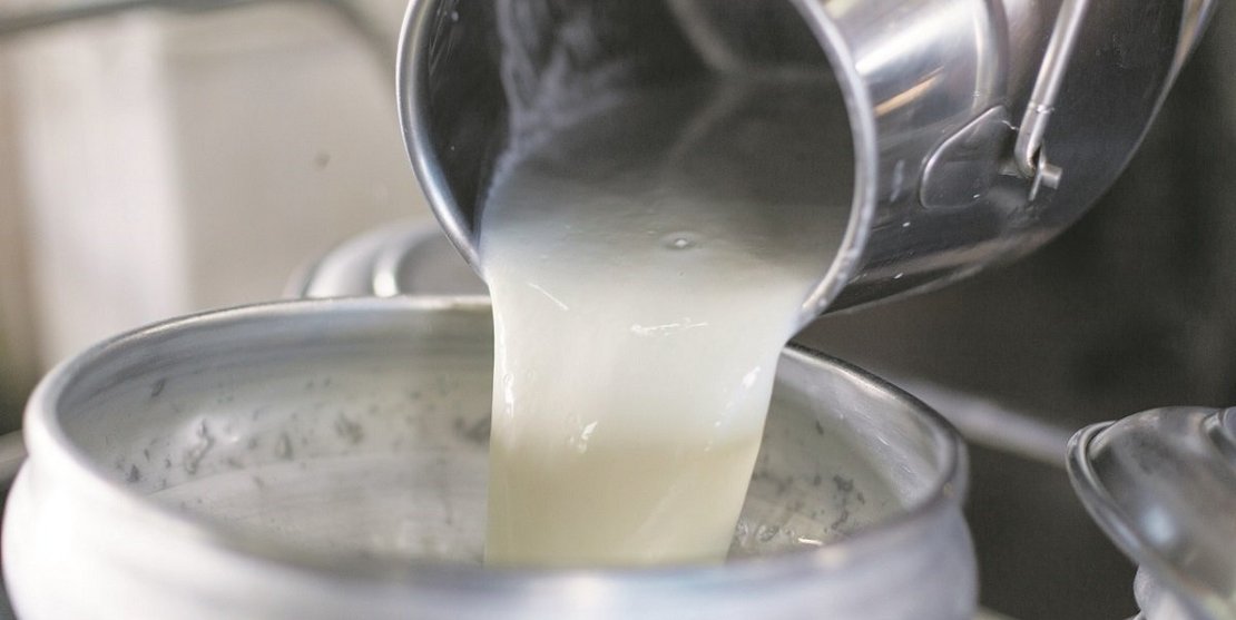 Milchkanne leert Milch in Kanne