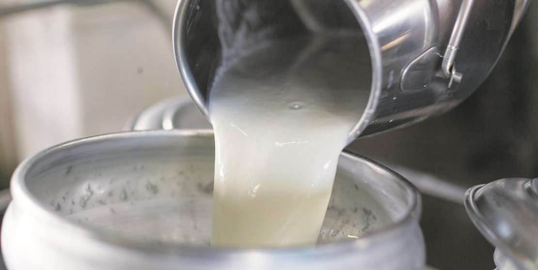 Milchkanne leert Milch in Kanne