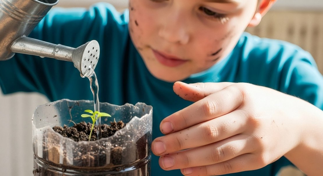 Young gardener watering a seedling in a recycled plastic bottle.