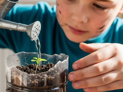 Young gardener watering a seedling in a recycled plastic bottle.