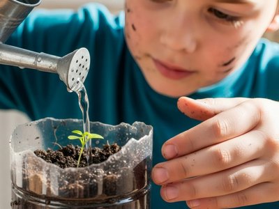 Young gardener watering a seedling in a recycled plastic bottle.