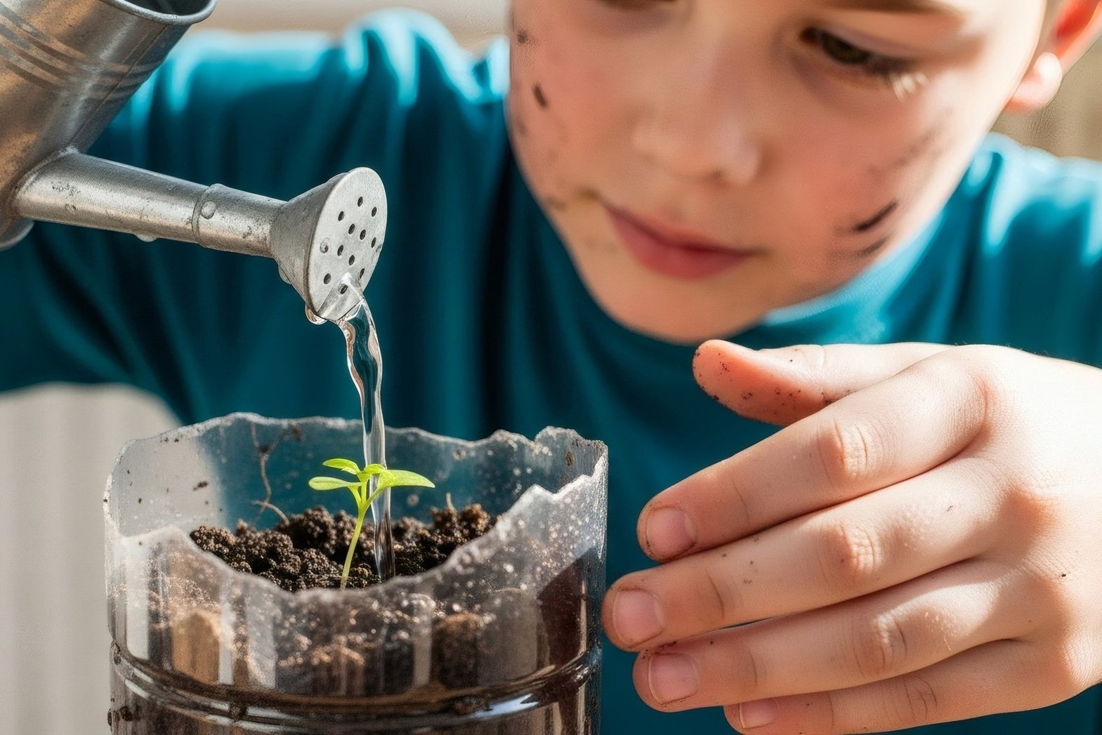 Young gardener watering a seedling in a recycled plastic bottle.