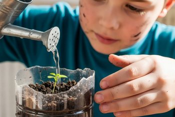 Young gardener watering a seedling in a recycled plastic bottle.