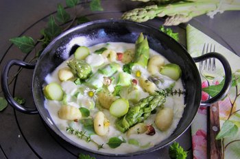 Grüner Spargel in Frischkäsesoße mit Gnocchi in Pfanne angerichtet