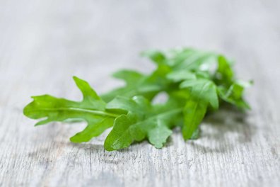 Etwas Rucola liegt auf einem Holztisch