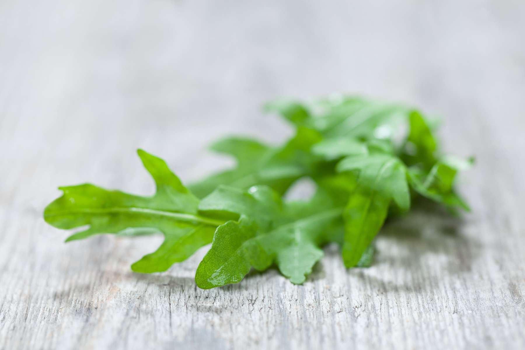Etwas Rucola liegt auf einem Holztisch
