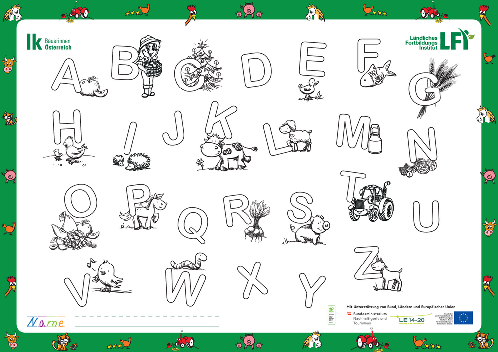 Plakat mit Buchstaben und landwirtschaftlichen Zeichnungen dazu zum Ausmalen