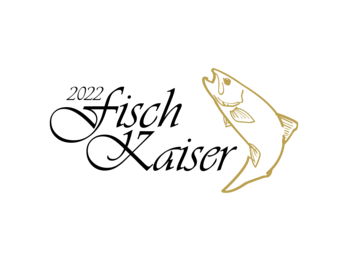 Goldener Fisch mit schwarzem Text "Fisch-Kaiser 2022"