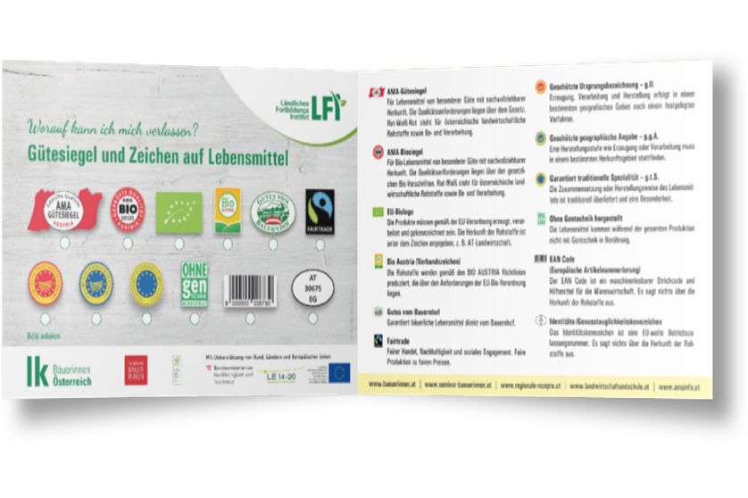 Mockup von Beidseitig bedruckter Postkarte mit den bekannten Gütesiegeln und Zeichen auf Lebensmitteln