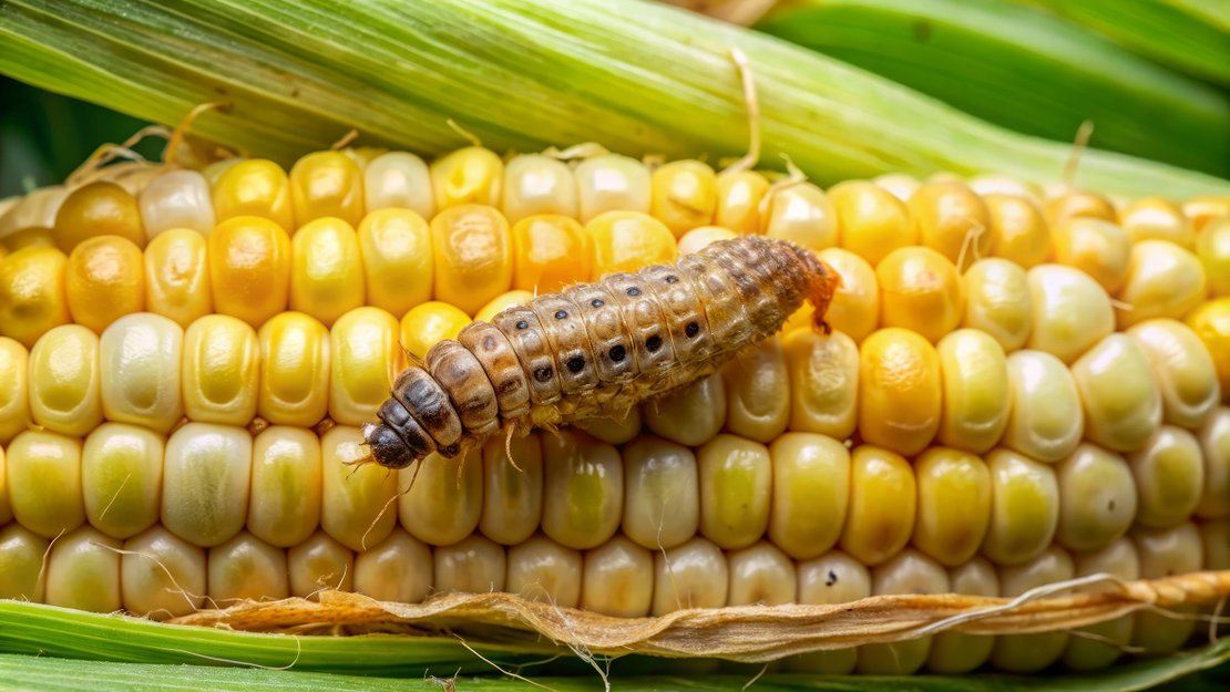 Infested corn cob with corn borer caterpillar, a destructive agr