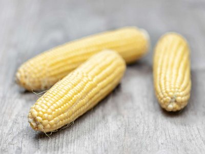 Drei Kolben Zuckermais liegen auf einem Holztisch