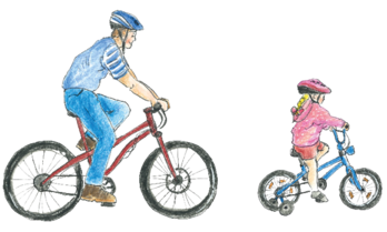 Illustration Vater mit Kind beim Radfahren von Eva Kail