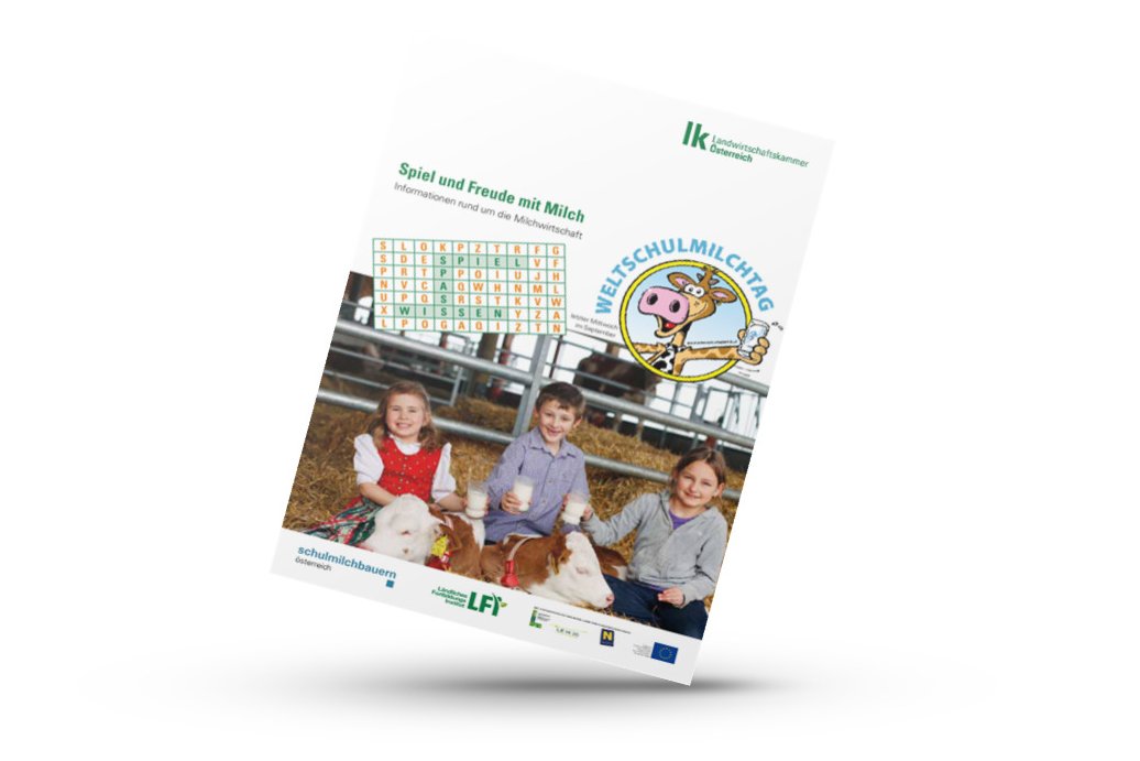 Mockup von Broschüre Spiel und Freude mit Milch der Landwirtschaftskammer Österreich von LFI, Schulmilchbauern, dem Land NÖ und dem BMLRT