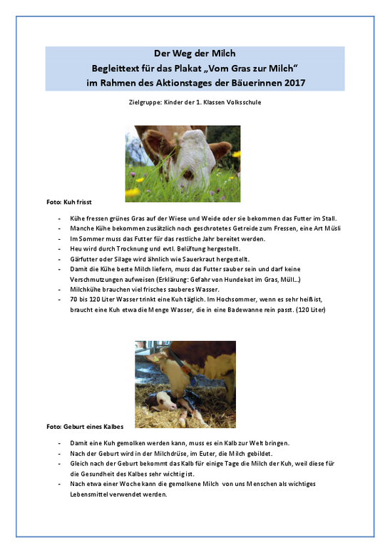 Dreiseitig bebilderte Erklärung des Plakats vom Gras zur Milch