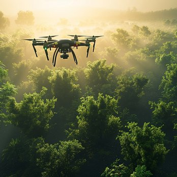 A drone flies in the mist above a lush green forest in the early
