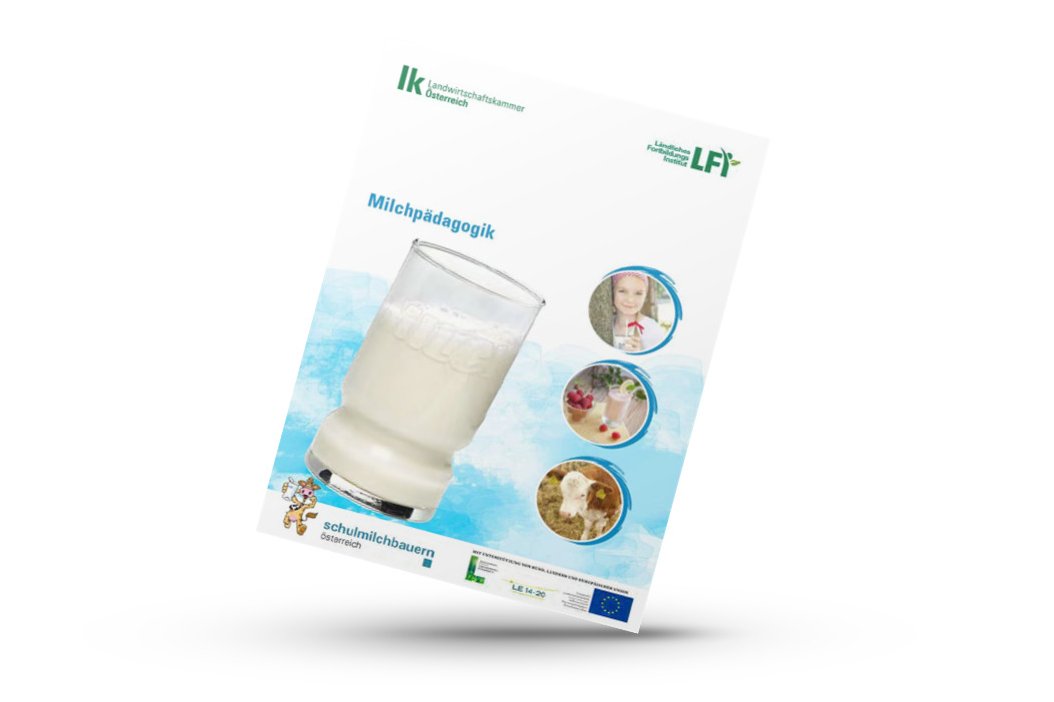 Mockup der Broschüre Milchpädagogik der Landwirtschaftskammer Österreich, dem LFI, den Schulmilchbauern und des BMLRT