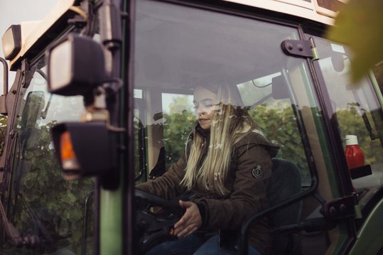 Weinkönigin Sophie Hromatka mit Traktor im Weingarten bei der Arbeit