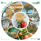 Plakat mit rundem Kreis, wo die Schritte der Herstellung vom Apfel zum Saft dargestellt sind.