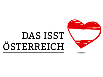 Rot-weiß-rotes Herz steht neben dem Text "Das isst Österreich"