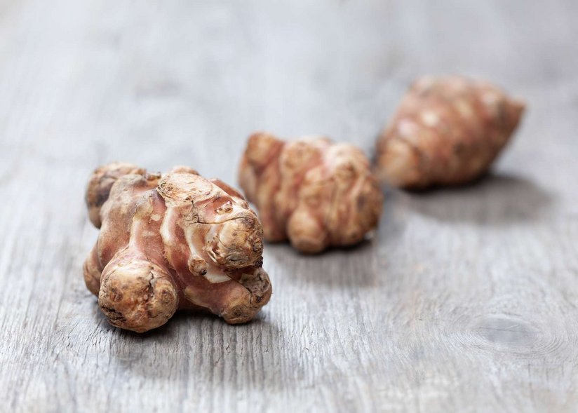 Drei Knollen Topinambur liegen auf einem Holztisch