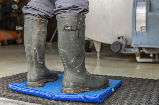 Gummistiefel auf Desinfektionsmatte