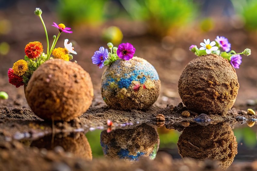 Guerrilla gardening seed bombs sprouting wild flowers on dry soi