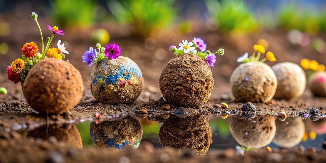 Guerrilla gardening seed bombs sprouting wild flowers on dry soi