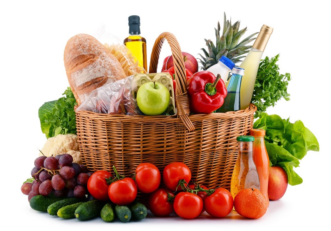 Wicker basket with assorted gorcery products