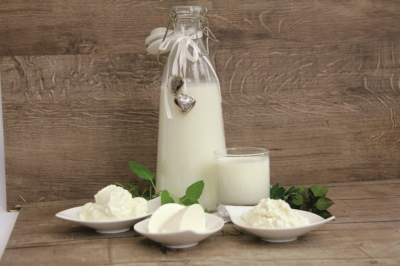 Glasflasche und Glas mit Milch und Teller mit Frischkäse ©Elisabeth Heidegger/LK Niederösterreich